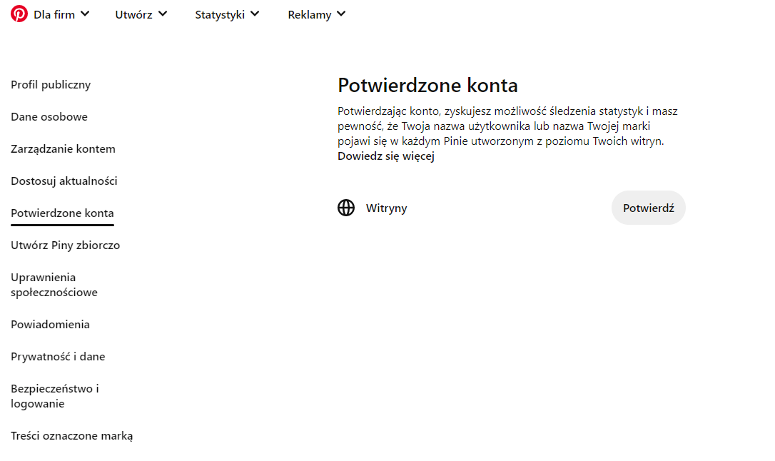 Pinterest - potwqierdzone konta