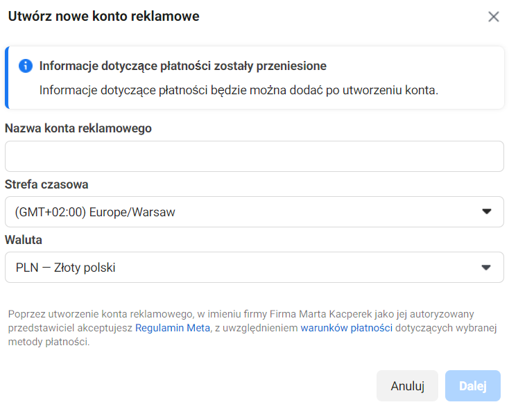 Utwórz nowe konto reklamowe