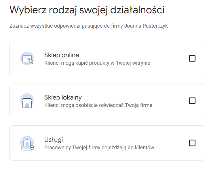 Wizytówka Google. Wybierz rodzaj swojej działalności